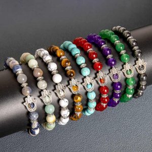 Natural Gemstone Lava Stone Beaded Bracelet with Evil Eye and Hamsa Hand Charm - Classic Unisex Jewelry
