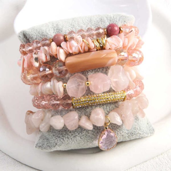 Pink Valentine's Day Cute Girls Jewelry New Bohemian Style 6pcs Rose Quartz Natural Stone Glass Shell Beaded Bracelet Set