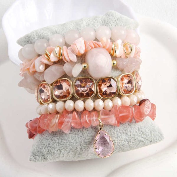 Pink Valentine's Day Cute Girls Jewelry New Bohemian Style 6pcs Rose Quartz Natural Stone Glass Shell Beaded Bracelet Set