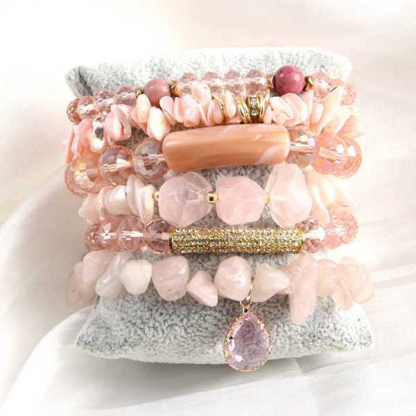 Pink Valentine's Day Cute Girls Jewelry New Bohemian Style 6pcs Rose Quartz Natural Stone Glass Shell Beaded Bracelet Set