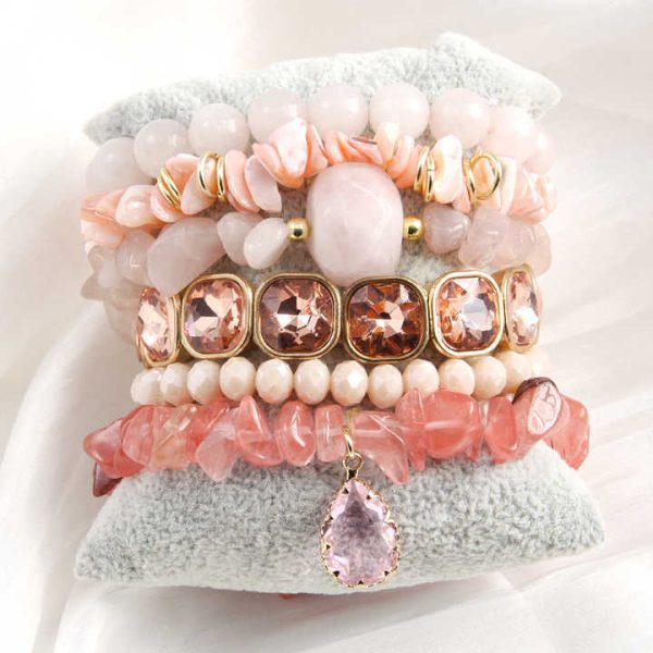 Pink Valentine's Day Cute Girls Jewelry New Bohemian Style 6pcs Rose Quartz Natural Stone Glass Shell Beaded Bracelet Set
