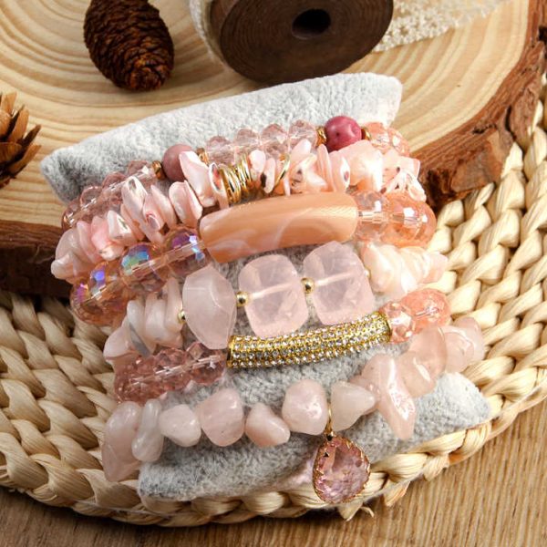 Pink Valentine's Day Cute Girls Jewelry New Bohemian Style 6pcs Rose Quartz Natural Stone Glass Shell Beaded Bracelet Set