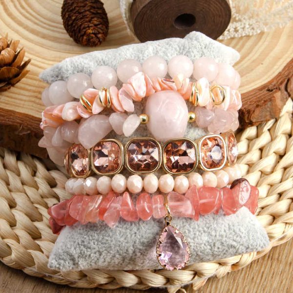 Pink Valentine's Day Cute Girls Jewelry New Bohemian Style 6pcs Rose Quartz Natural Stone Glass Shell Beaded Bracelet Set