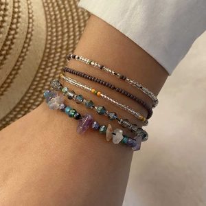 Trendy Stone Bead Woven Bracelet for Women and Men, Bohemian Ethnic Crystal Rice Bead Unisex Jewelry Gift