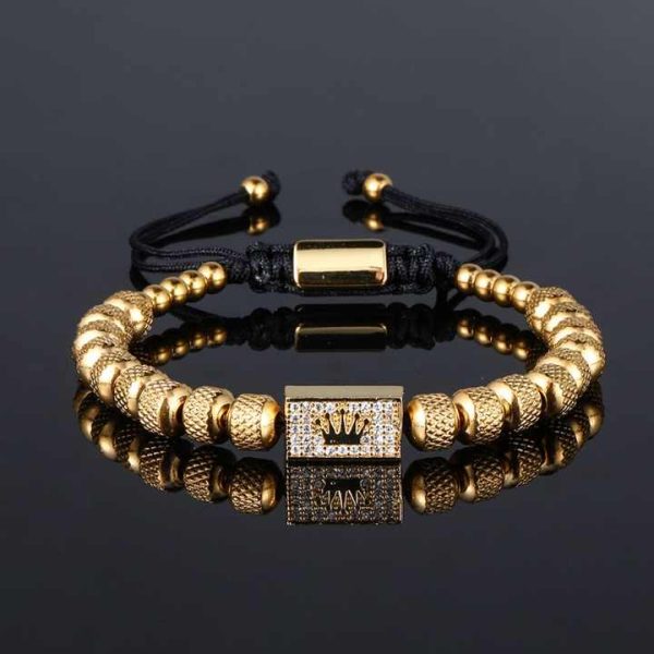 Stainless Steel Pineapple Beads Charm Bracelet Cubic Zirconia Micro Pave Brass Crown Adjustable Bracelet Crown