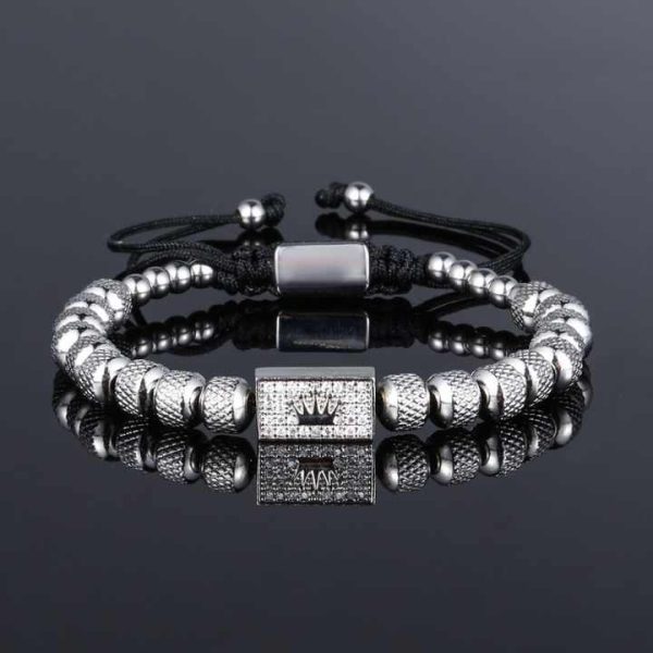Stainless Steel Pineapple Beads Charm Bracelet Cubic Zirconia Micro Pave Brass Crown Adjustable Bracelet Crown