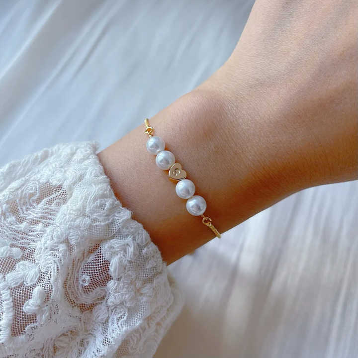 Personalized Wedding Jewelry Beaded Pearl Heart Adjustable Box Chain Bracelet for Bridesmaid Gift