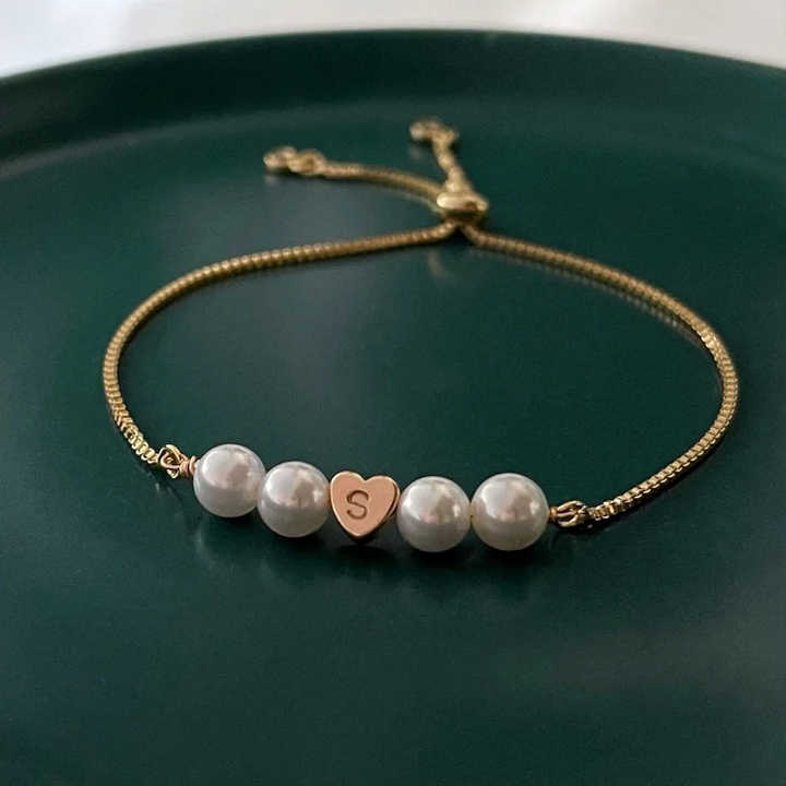 Personalized Wedding Jewelry Beaded Pearl Heart Adjustable Box Chain Bracelet for Bridesmaid Gift