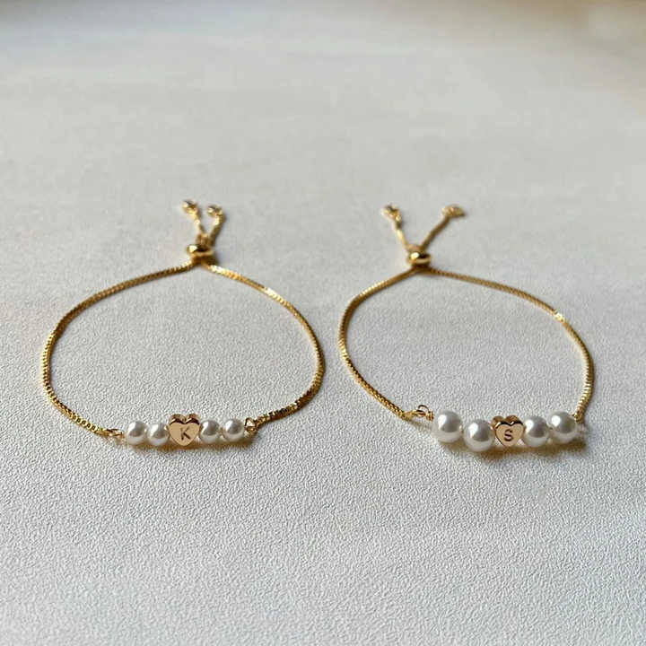 Personalized Wedding Jewelry Beaded Pearl Heart Adjustable Box Chain Bracelet for Bridesmaid Gift