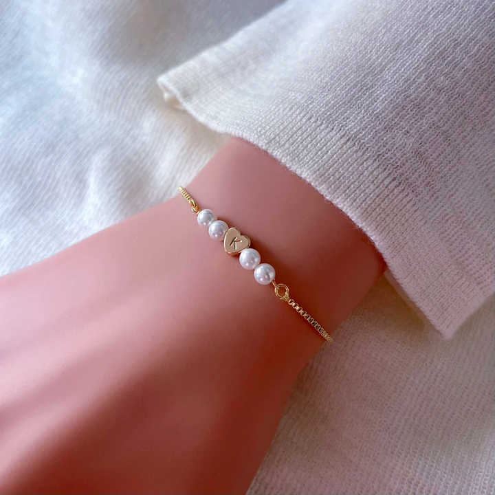 Personalized Wedding Jewelry Beaded Pearl Heart Adjustable Box Chain Bracelet for Bridesmaid Gift