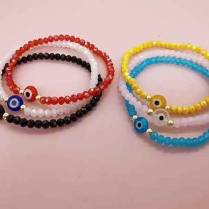 Childrens Handmade Crystal Bead Bracelet Set with Evil Eye Charm Trendy Boho Friendship Bracelets for Gifts
