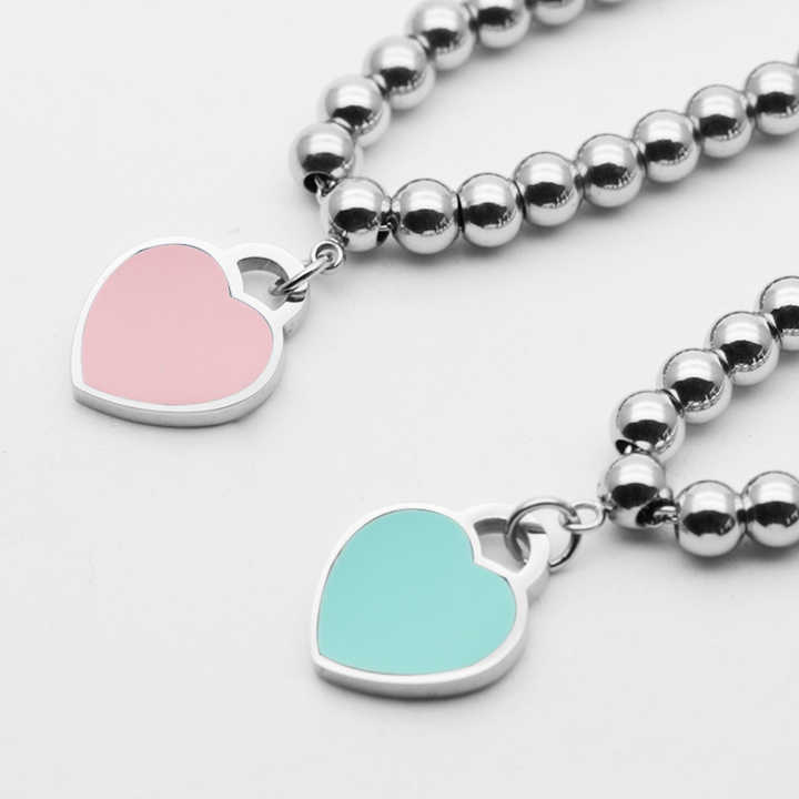Wholesale Stainless Steel Heart Bead Bracelet for Women & Couples - Best Selle Trendy Adjustable Matching Jewelry(Green/Pink)