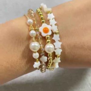 Bohemian Sunflower Imitation Pearl Shell Beaded Brass Bracelet Set for Friendship Jewelry Gift