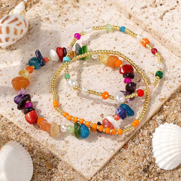 Handmade 3PCS Bohemian Beaded Bracelet Set Multicolor Semi Precious Gemstone Stretch Bracelet Fashion Jewelry for Women