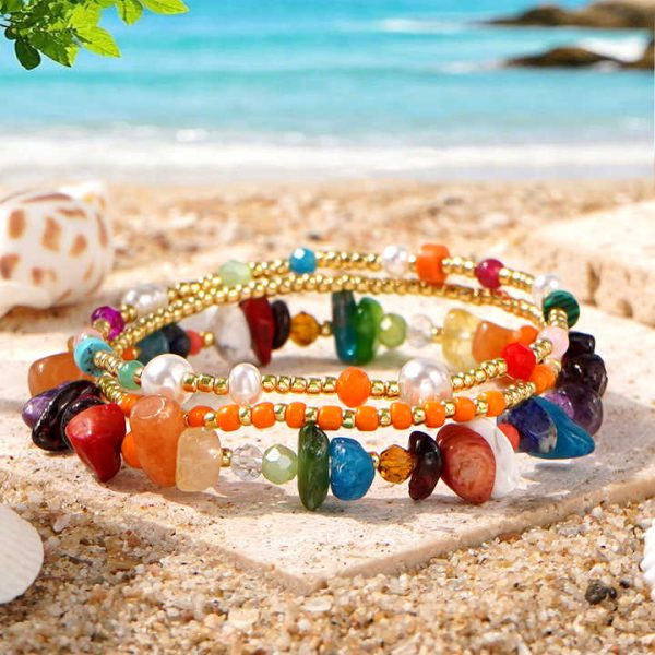 Handmade 3PCS Bohemian Beaded Bracelet Set Multicolor Semi Precious Gemstone Stretch Bracelet Fashion Jewelry for Women