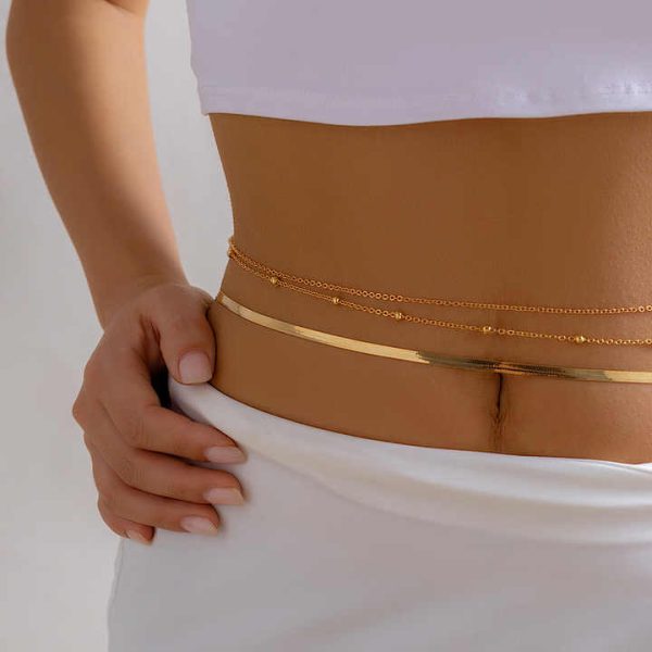 Fashion Women's 18k Gold Metal Beach Jewelry Simple Africa Flat Herringbone Snake Fine Jewelry Body Waist Chain