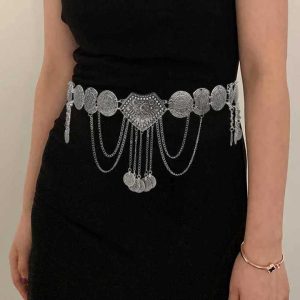 Women Fashion Vintage Silver Hollow Flower Crystal Coin Tassel Belly Dance Waist Chains Party Jewelry