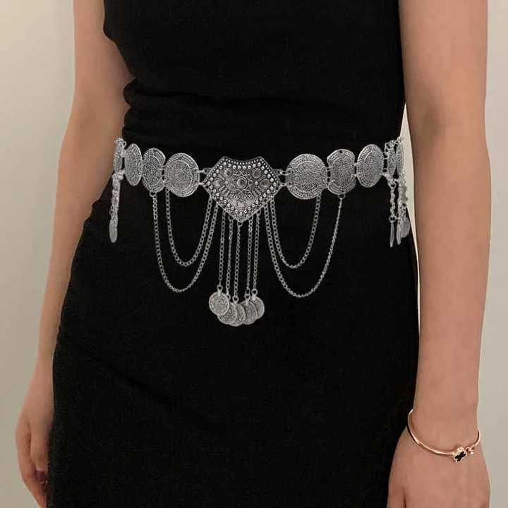 Women Fashion Vintage Silver Hollow Flower Crystal Coin Tassel Belly Dance Waist Chains Party Jewelry