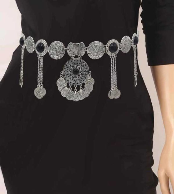 Women Fashion Vintage Silver Hollow Flower Crystal Coin Tassel Belly Dance Waist Chains Party Jewelry