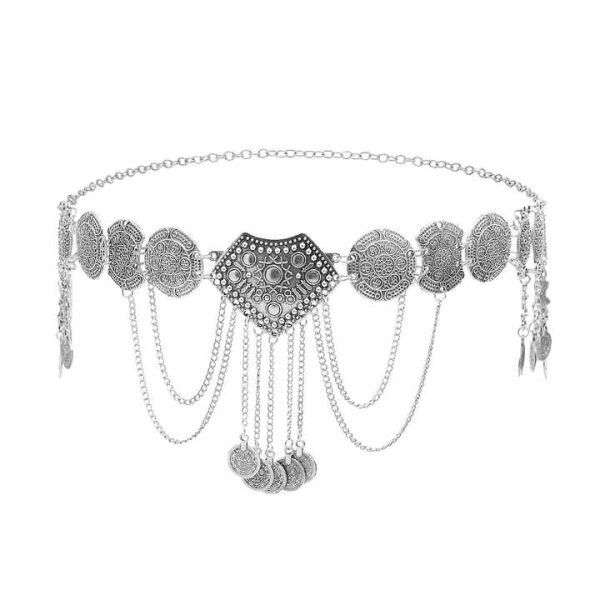 Women Fashion Vintage Silver Hollow Flower Crystal Coin Tassel Belly Dance Waist Chains Party Jewelry