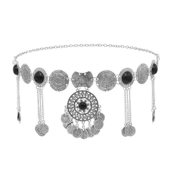 Women Fashion Vintage Silver Hollow Flower Crystal Coin Tassel Belly Dance Waist Chains Party Jewelry