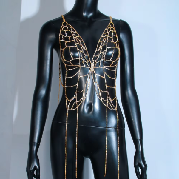 Gold-Plated Women's Bikini Chest Chain Trendy Full Diamond Rhinestone Butterfly Design Body Jewelry for Adults for Parties