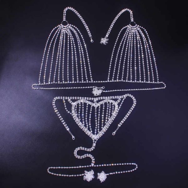 Gold Plated Love Bikini Set Exaggerated Nightclub Circle Rhinestone Chest Body Chain Sexy Hollow Bar Hot Rhinestone Body Jewelry