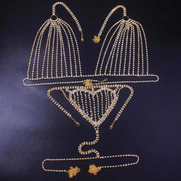 Gold Plated Love Bikini Set Exaggerated Nightclub Circle Rhinestone Chest Body Chain Sexy Hollow Bar Hot Rhinestone Body Jewelry
