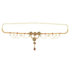 Indian Vintage Gold Plated Pearl Kundan Red Green Rhinestone Crystal Waist Belt Belly Chain Kamarbandh for Wedding