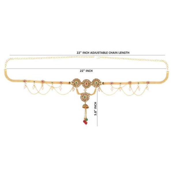 Indian Vintage Gold Plated Pearl Kundan Red Green Rhinestone Crystal Waist Belt Belly Chain Kamarbandh for Wedding