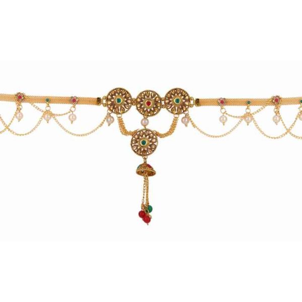 Indian Vintage Gold Plated Pearl Kundan Red Green Rhinestone Crystal Waist Belt Belly Chain Kamarbandh for Wedding
