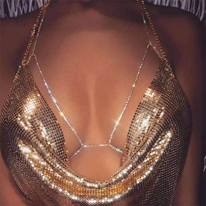 Hot Sale Women Summer Beach Bikini Bra Body Chain Silver Gold Plated Sexy Rhinestone Body Chain Tops