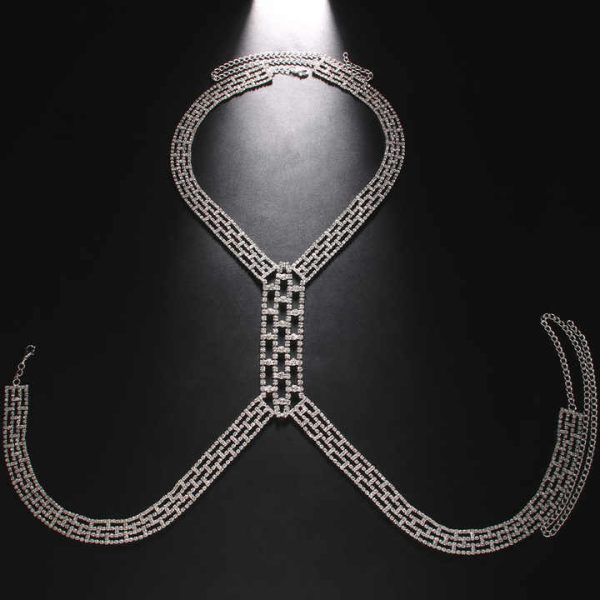 Festival Silver Body Chain Harness Men Hollow Out Props Rhinestone Sexy Men Chest Chains Rave Jewelry Adjustable