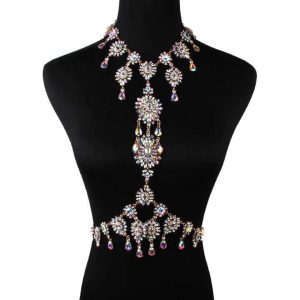 Vintage Crystal Rhinestone Water Drop Body Chain Jewelry for Women - Alloy Bezel Set Party Swimsuit Necklace Belt Accessory