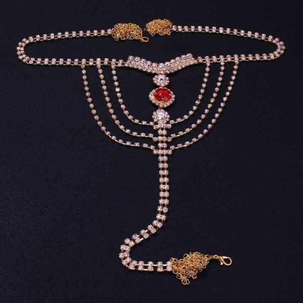 Dainty Gold Plated T Shape Body Chain Fashionable Sparkling Rhinestone and Glittering Crystal Diamond Belly Waist Accessories