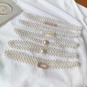 Women's Pearl Waist Chain Beaded Belt with Elastic Butterfly Clasp Body Jewelry