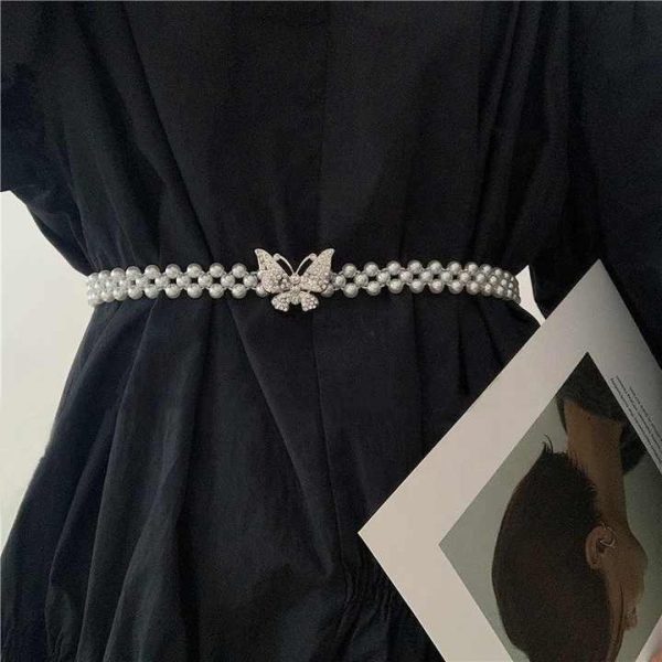 Pearl Waist Chain Elastic butterfly Clasp Women's Woven Beaded Belt Fashion Body Jewelry