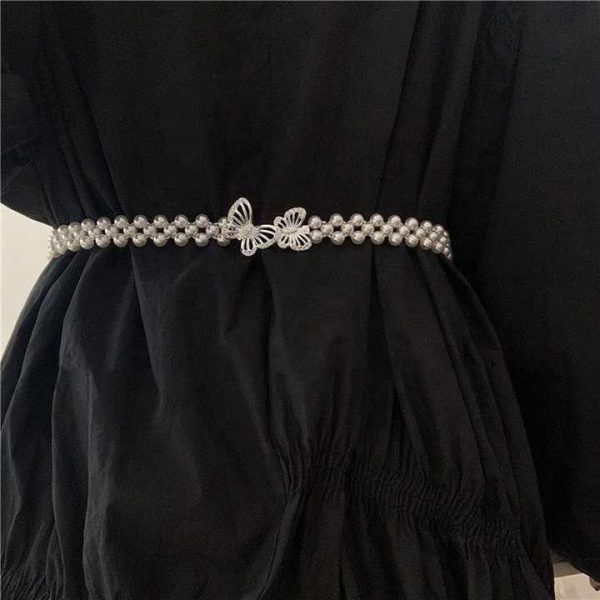 Pearl Waist Chain Elastic butterfly Clasp Women's Woven Beaded Belt Fashion Body Jewelry