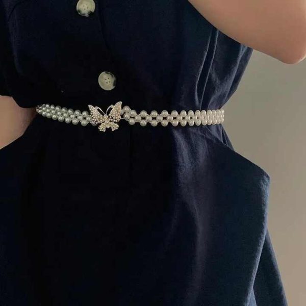 Pearl Waist Chain Elastic butterfly Clasp Women's Woven Beaded Belt Fashion Body Jewelry