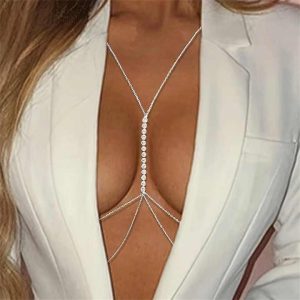 Gold Plated Rhinestone Crystal Body Chain - Adjustable Custom Size Chest Jewelry for Women, Party & Fashionable Occasions