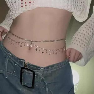 Trendy Multi-Layered Tassel Waist Chain with Star Pendant - Silver Gold Plated Alloy Body Jewelry for Women Beach Bikini Party