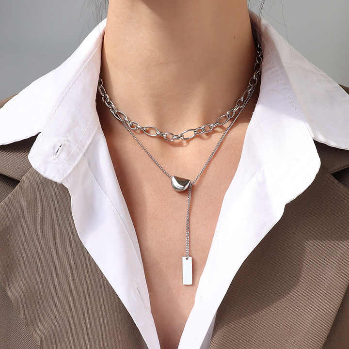 Ins Simple Wind Titanium Steel Multi-layer Gold Bean Double Layer with Tassel Gold-plated Clavicle Chain P864