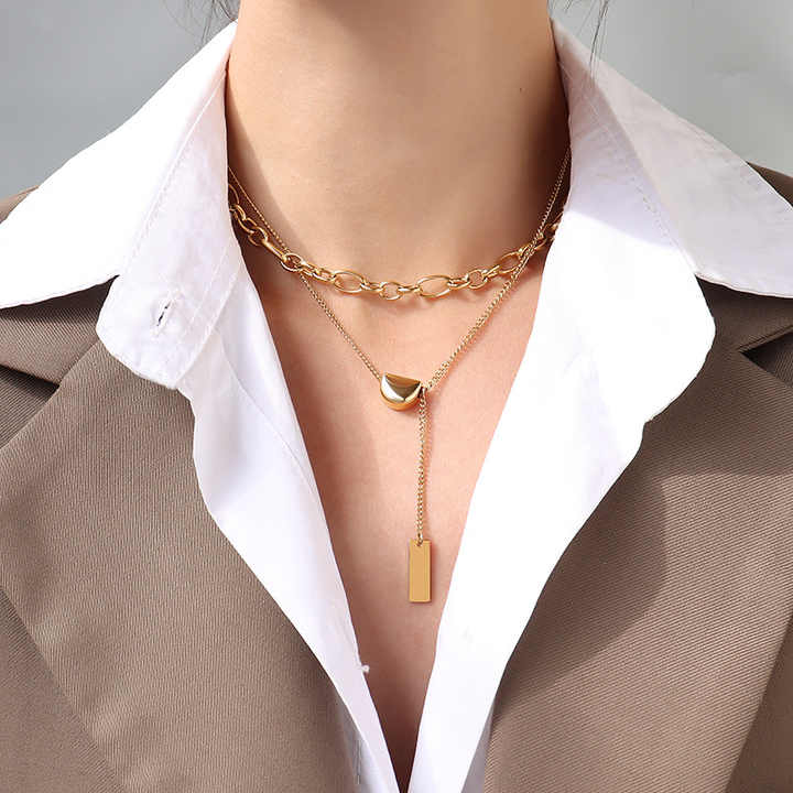 Ins Simple Wind Titanium Steel Multi-layer Gold Bean Double Layer with Tassel Gold-plated Clavicle Chain P864
