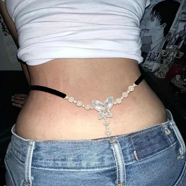 CC08 Women's Sexy Gold Plated Body Chain Punk Style Butterfly Waist Chain with Rhinestones Embellishment for Parties