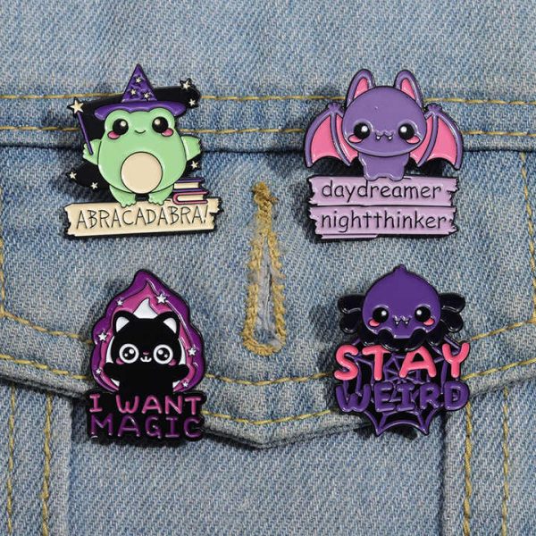 4 Styles I Want Magic Lapel Pins Custom Cat Frog Bat Animal Witch Funny Enamel Brooch Hat Clothes Pins