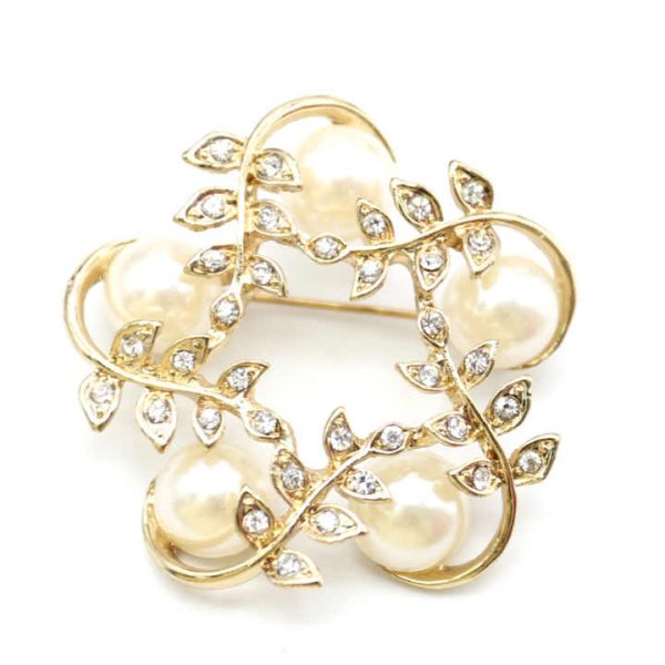 Fashion Jewelry Round Garland Pearl Brooch Hollow Leaf Corsage Clothing Brooches Pin Accessories Wholesale