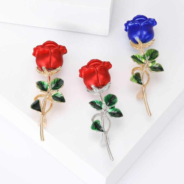 Elegant Temperament Korean Brooch Pin Gift Dress Suit Coat Lapel Pin Alloy Enamel Blue Red Rose Brooch Pin for Women