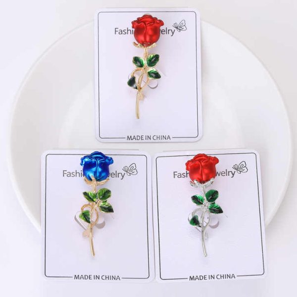 Elegant Temperament Korean Brooch Pin Gift Dress Suit Coat Lapel Pin Alloy Enamel Blue Red Rose Brooch Pin for Women