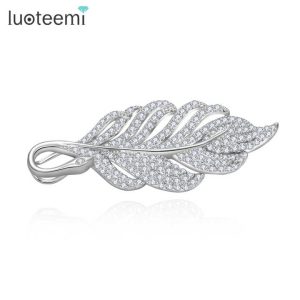Elegant Leaf Shape CZ Crystal Brooch for Women - Rhodium Plated Copper Alloy Jewelry for Wedding, Bridal, Party, and Anniversary Events