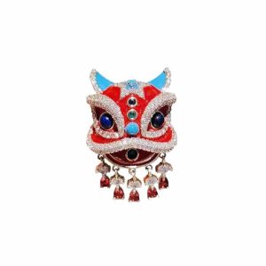 Festive Red Chinese Style Alloy Lion Dance Brooch for Children, Girls New Year Gift Accessory